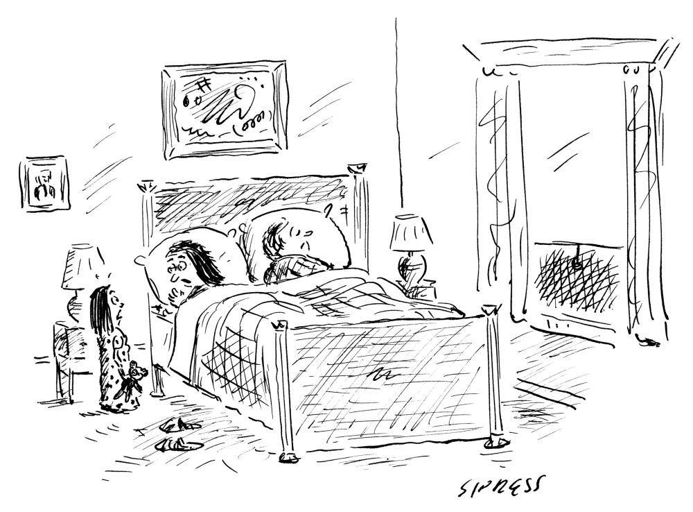 comic of pajama-clad child talking to parents who are in bed
