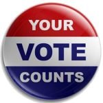 image of lapel button with "your vote counts" on it