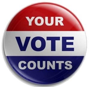 image of lapel button with "your vote counts" on it
