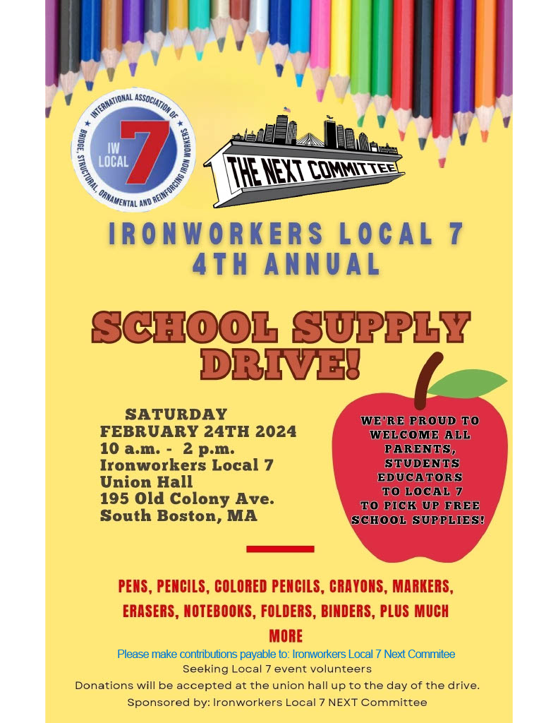 Iron Workers Local 7 4th Annual School Supply Drive: February 24 